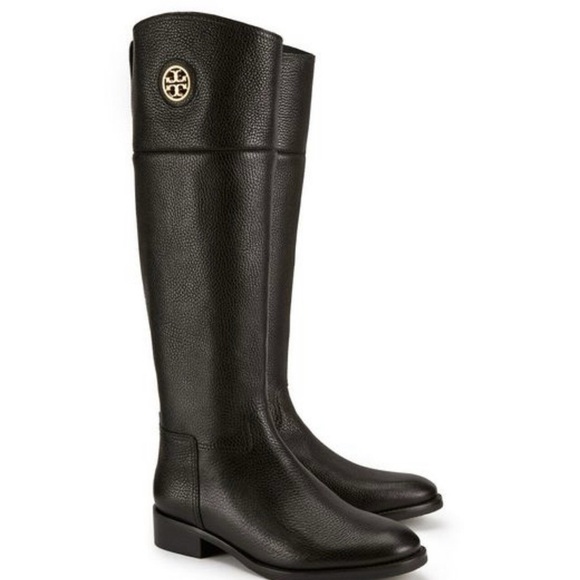 Tory Burch Shoes - Tory Burch Junction Black Pebbled Leather Tall Riding Boots Gold Logo Size 7